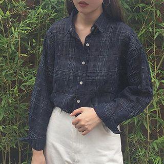 Plaid Long-sleeve Linen Cotton Blouse