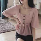 Elbow-sleeve Buttoned Ruffled Top