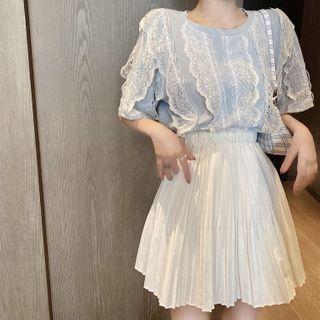 Lace Trim Short-sleeve Top / Pleated A-line Skirt