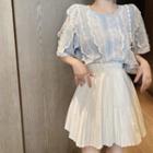 Lace Trim Short-sleeve Top / Pleated A-line Skirt