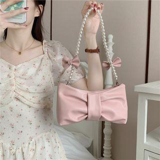 Ribbon Faux Pearl Faux Leather Shoulder Bag