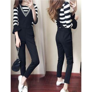 Set: Striped 3/4 Sleeve T-shirt + Slim Fit Pinafore Jumpsuit