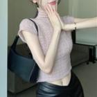 Short-sleeve Turtleneck Knit Crop Top Mauve Pink - One Size