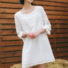 Elbow-sleeve Plain Embroidered Mini Dress White - One Size