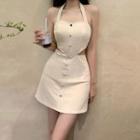 Halter-neck Button-up Mini A-line Dress