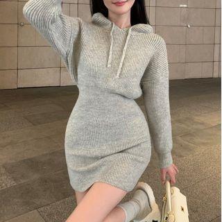 Knit Hoodie Dress Gray - One Size