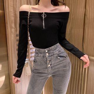 Long-sleeve Off-shoulder Zip Detail Top