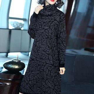Leaf Print Long-sleeve Knit Dress