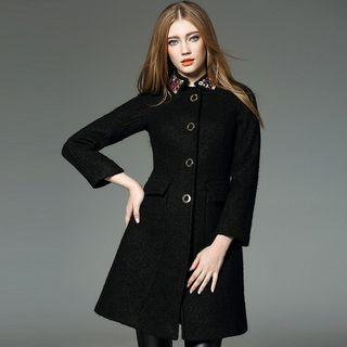 Wool Blend Embellished-neckline Buttoned Coat