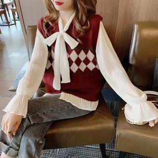 Puff Sleeve Lace-up Blouse / V-neck Argyle Pattern Vest