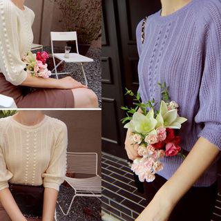 Elbow-sleeve Embossed Knit Top