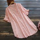 Elbow-sleeve Frill Trim Checker Buttoned Tunic