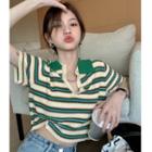 Elbow-sleeve Polo-neck Striped Knit Top Stripe - Green - One Size