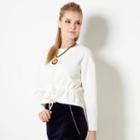 Long-sleeve Drawstring-waist Cropped Top White - One Size