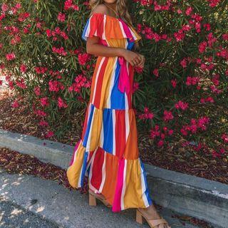 Short-sleeve Off-shoulder Striped Panel Maxi A-line Dress