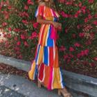 Short-sleeve Off-shoulder Striped Panel Maxi A-line Dress
