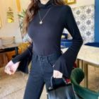 High-neck Slit-cuff Slim T-shirt