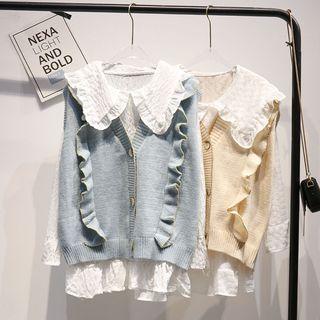 Set: Ruffle Trim Knit Vest + Blouse