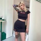 Set : Printed Letter Short-sleeve Top + Ruffle Skinny Skirt