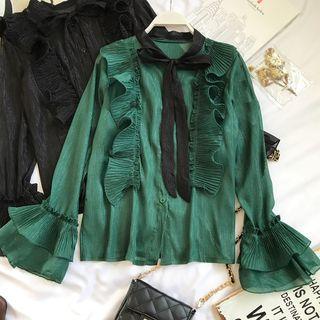 Tie-neck Ruffle-trim Long-sleeve Blouse