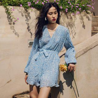 Long-sleeve Floral Print Wide Leg Chiffon Playsuit