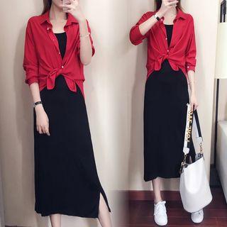 Set: Long-sleeve Shirt + Spaghetti Strap Midi Dress