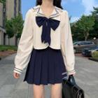 Long-sleeve Bow-front Top / Pleated Mini A-line Skirt / Set