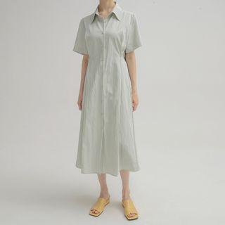 Button-detail Pleated Long Shirtdress
