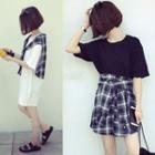 Set: Short-sleeve T-shirt Dress + Plaid A-line Skirt