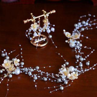 Wedding Set: Faux Pearl Headpiece + Fringed Earring Headpiece & Earring - As Shown In Figure - One Size