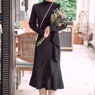 Ruffle Long-sleeve Sheath Knit Dress Black - One Size