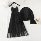 Set: Sleeveless Lace Midi Dress + Mushroom Pleated Chiffon Top