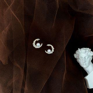 Faux Pearl Moon Earring 1 Pair - Faux Pearl Moon & Silver Needle - One Size