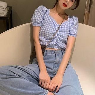 Color-block Plaid Puff-sleeve Blouse