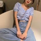 Color-block Plaid Puff-sleeve Blouse