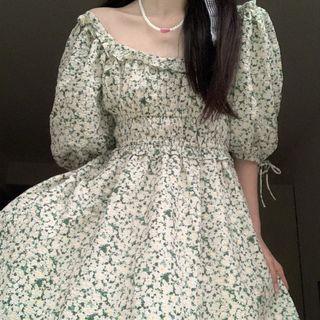 Puff-sleeve Floral Printed Square-neck Dress Floral - One Size