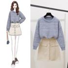 Plain Crew-neck Sweater / Buttoned Mini A-line Skirt / Set