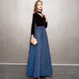 Long-sleeve Choker Neck Glitter Paneled A-line Evening Gown