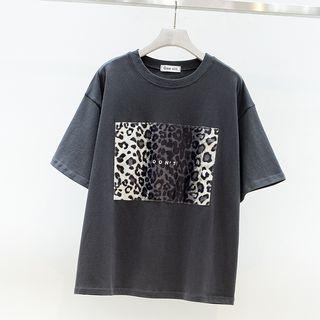 Short-sleeve Leopard Print Applique T-shirt