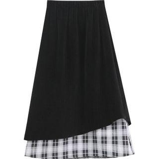 Plaid Panel Corduroy Midi A-line Skirt