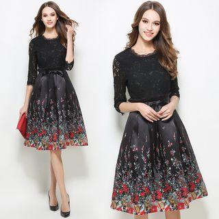 Elbow-sleeve Floral Print Crewneck A-line Sheath Slim Lace Dress