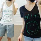 Smile! Printing V-neck T-shirt