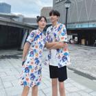 Couple Matching Short-sleeve Pattern Shirt / Shorts / Short-sleeve Mini A-line Dress / Set