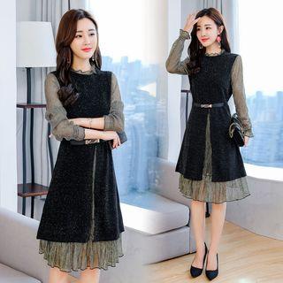 Long-sleeve Paneled Glitter A-line Layered Dress