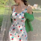 Spaghetti-strap Floral Midi Sheath Dress Red Flowers - White - One Size
