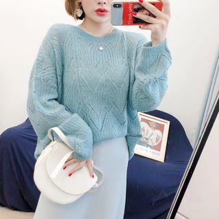 Plain Long-sleeve Oversize Eyelet Knit Top