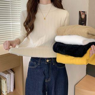 Long Sleeve Turtleneck Plain Fleeced Knit Top