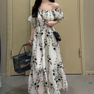 Off-shoulder Floral Embroidered Maxi A-line Dress