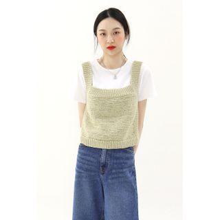 Square-neck Sleeveless Knit Crop Top Lime Green - One Size