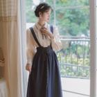 Two Tone Lace Button-up Shirt / High-waist Striped Drawstring A-line Skirt